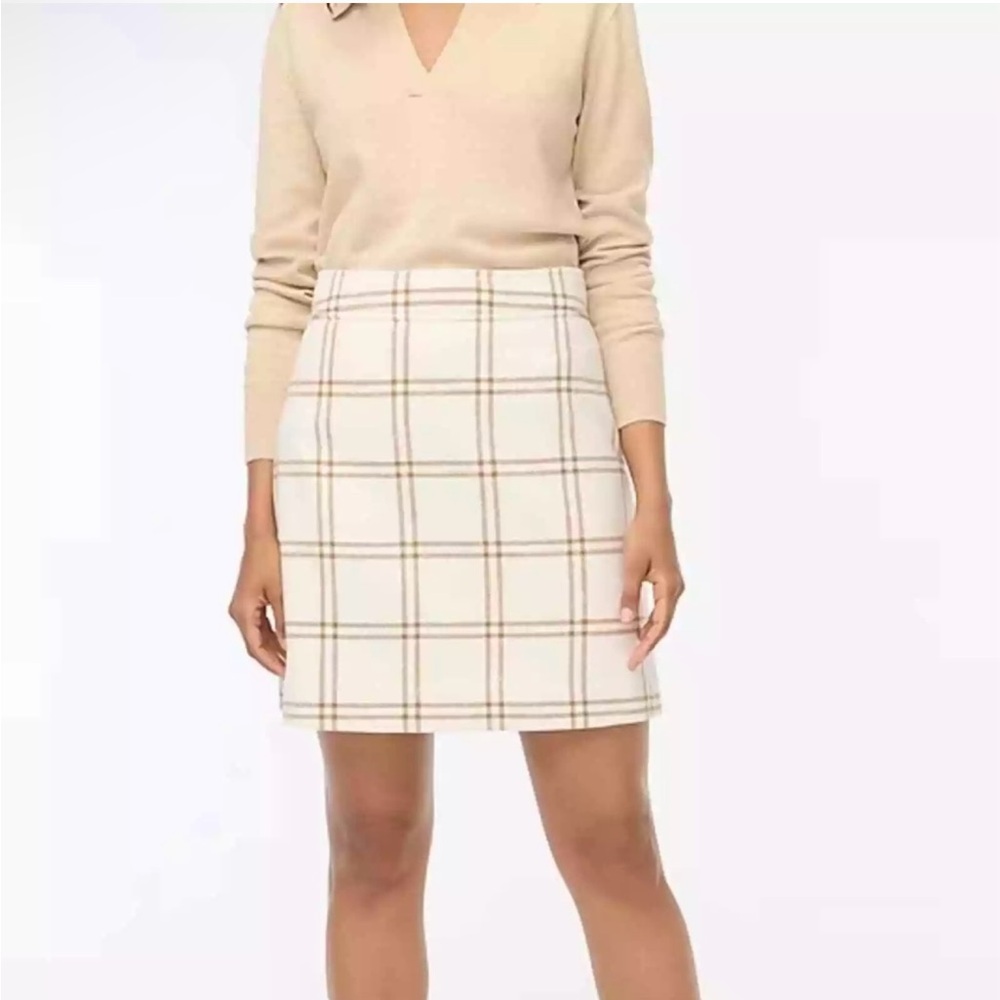 NWT J. Crew Plaid Wool Blend A Line Ivory Skirt Size 6